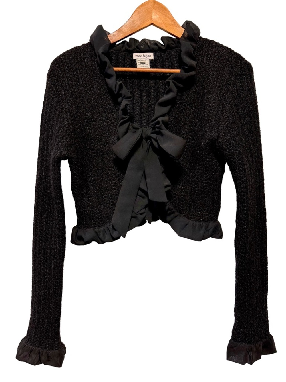 MAC & JAC Black Mohair Blend Bow Ruffle Cropped Cardigan Coquette M